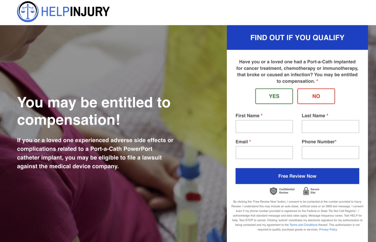 Chemo port lawsuit case review form &mdash; submit your details for a free, confidential callback usually within 15 minutes